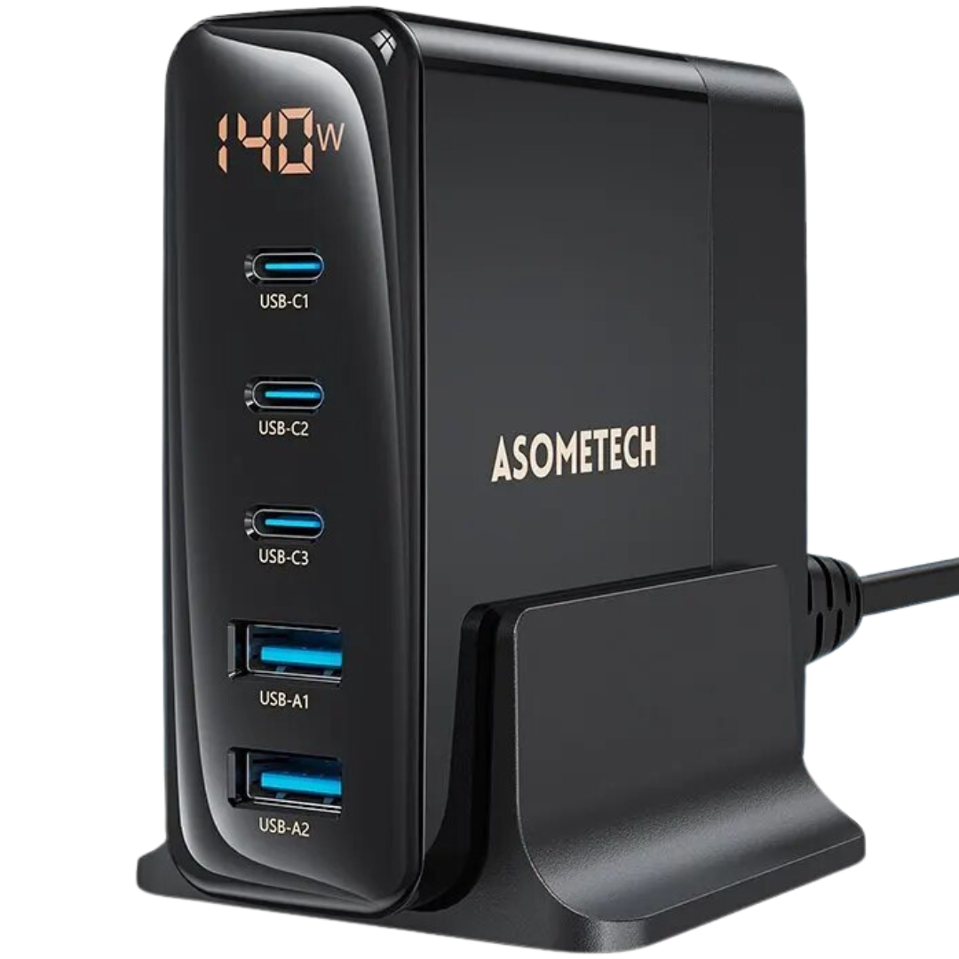 140W GaN Schnellladegerät: Premium Desktop-Ladestation | 5 USB-Anschlüsse Charging Station Dockingstation ASOMETECH | Laptop, MacBook, iPhone, Samsung