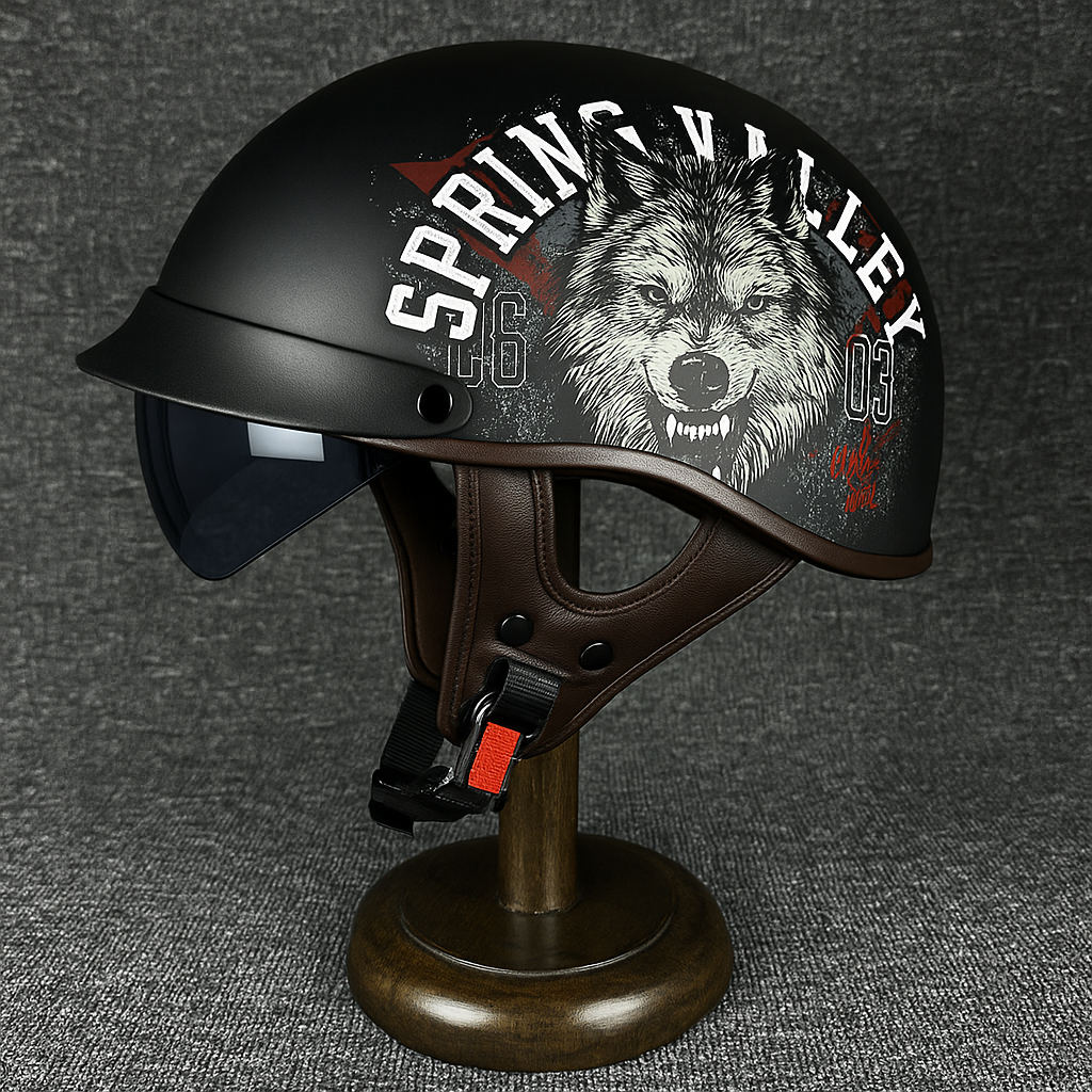 Retro-Halbgesichts-Motorradhelm mit Grafikdesign