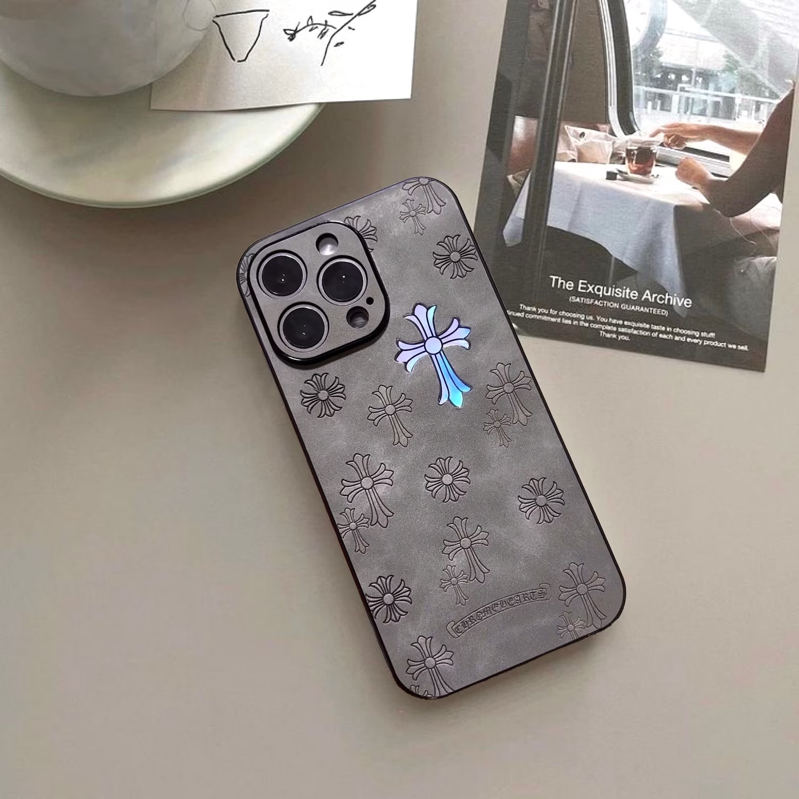 Chrome Hearts Cross Retro Leder Handyhülle für iPhone