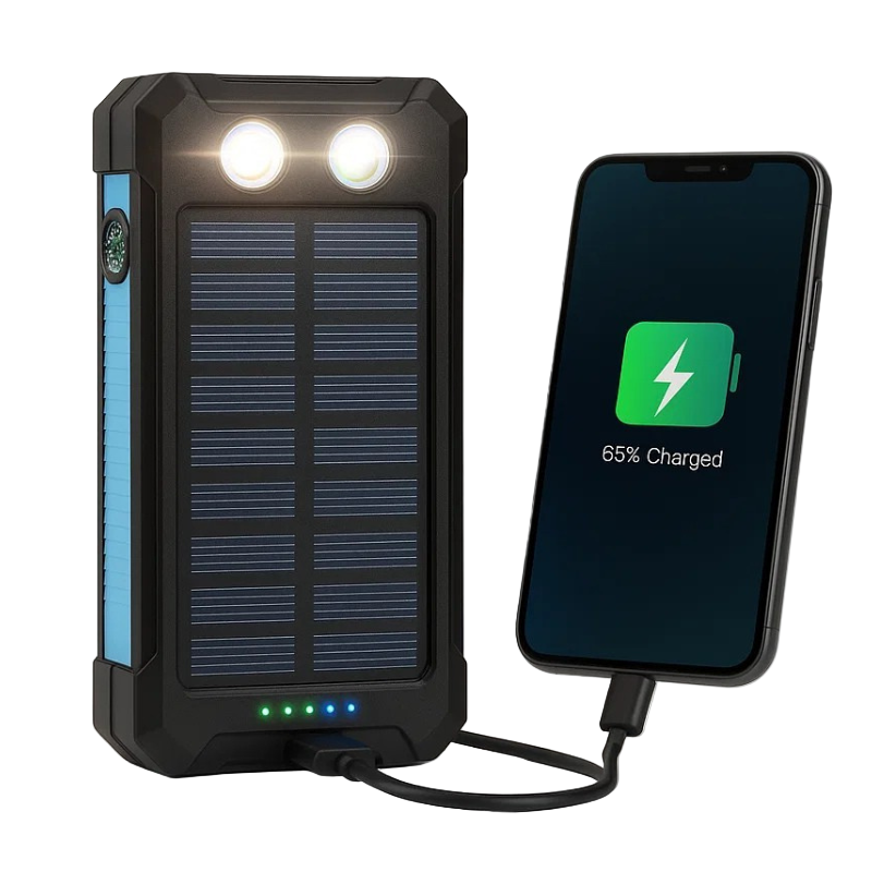 Solar-Powerbank mit LED-Taschenlampe und Zwei USB-Ausgängen