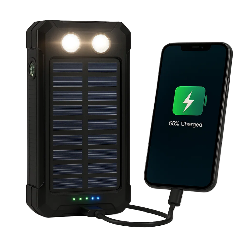 Solar-Powerbank mit LED-Taschenlampe und Zwei USB-Ausgängen