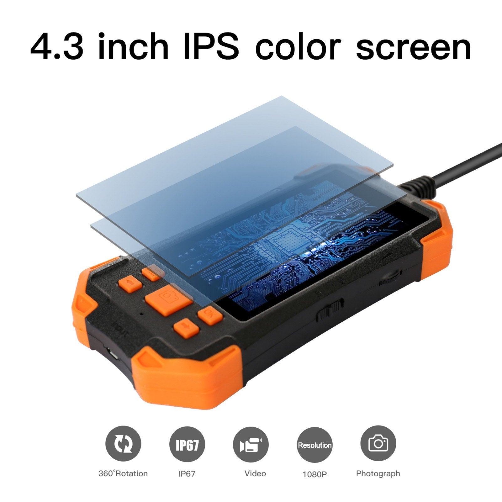 4.3 Zoll 1080P Industrie-Endoskop - 5.5mm Linse, semi-rigides Kabel, IP67 wasserdicht, LED-Licht, TF-Kartensteckplatz - Ideal für Auto-Reparatur &amp; Rohrinspektion