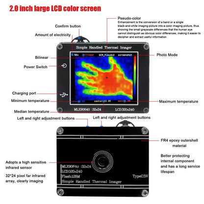 Handheld-Wärmebildkamera: 24x32 Pixel Infrarotsensor, 240x320 Auflösung, 2,0-Zoll LCD, -40℃ bis 300℃