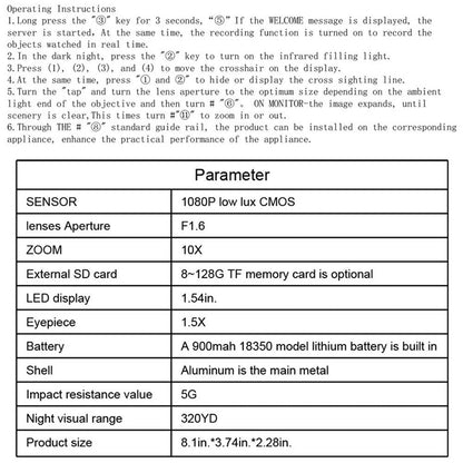 1080P Tragbare Nachtsichtkamera mit 1,54-Zoll-Display für Tag/Nacht-Nutzung, Foto-/Videoaufnahme, Infrarot-Digital für Outdoor-Aktivitäten