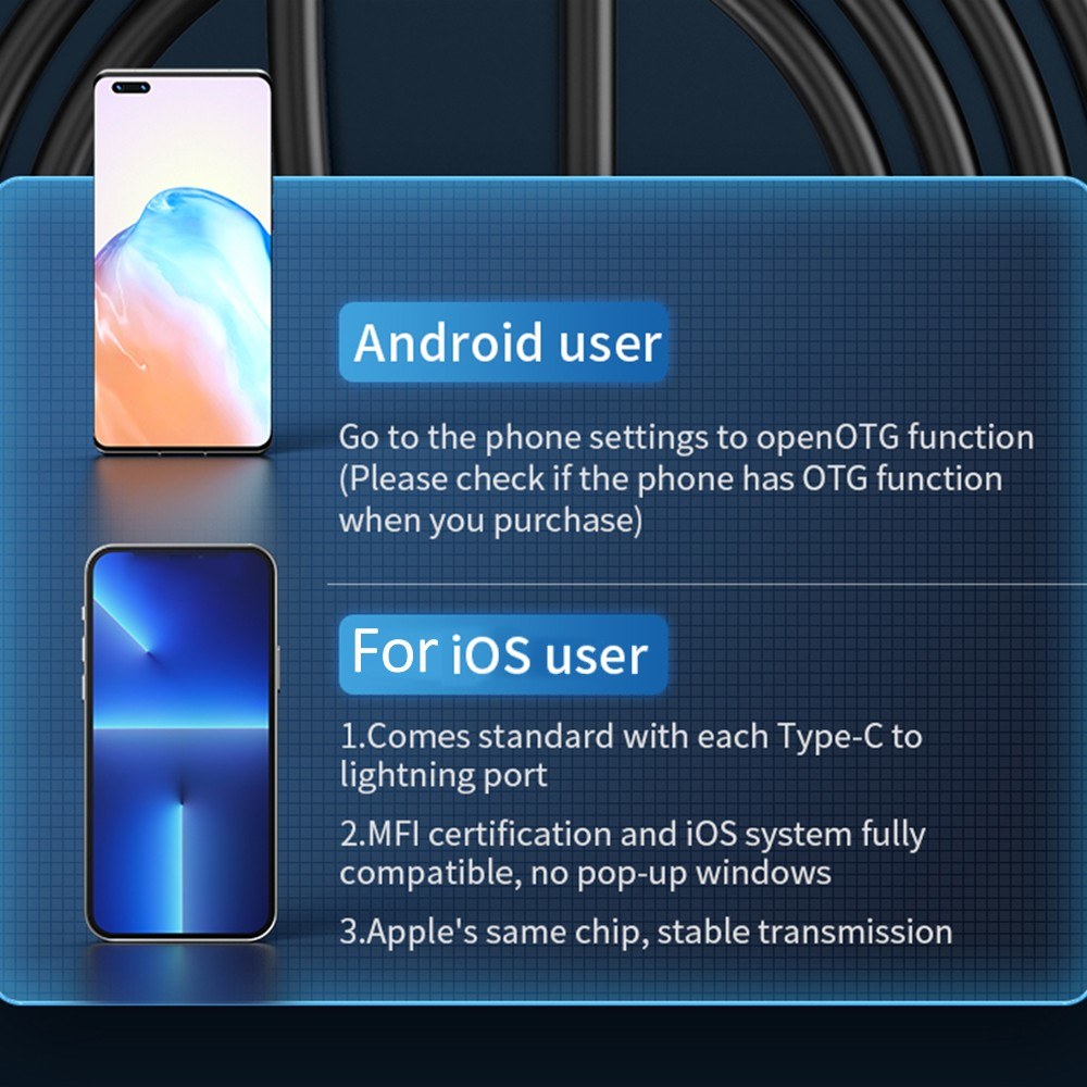 Type-C Endoskopkamera 7,9 mm mit einstellbarem LED, IP67 wasserdicht für Android-iOS-Geräte