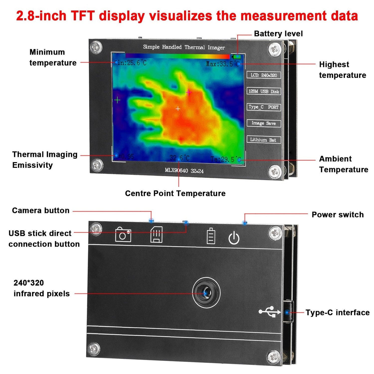 Kompakte Wärmebildkamera: -40℃ bis 300℃, Temperaturmessung &amp; Bildspeicherung, 2.8 TFT, Typ-C