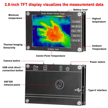 Kompakte Wärmebildkamera: -40℃ bis 300℃, Temperaturmessung &amp; Bildspeicherung, 2.8 TFT, Typ-C