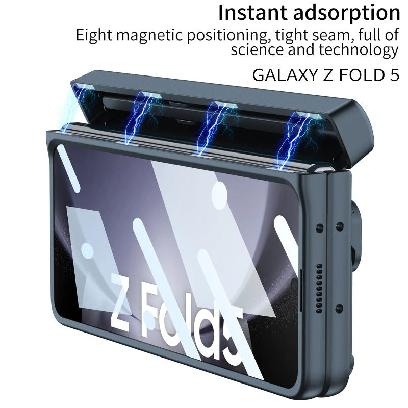 Magnetische Scharnier-Telefonhülle mit Stifthalter, Ringständer, Glasfolie für Samsung Galaxy Z Fold 5