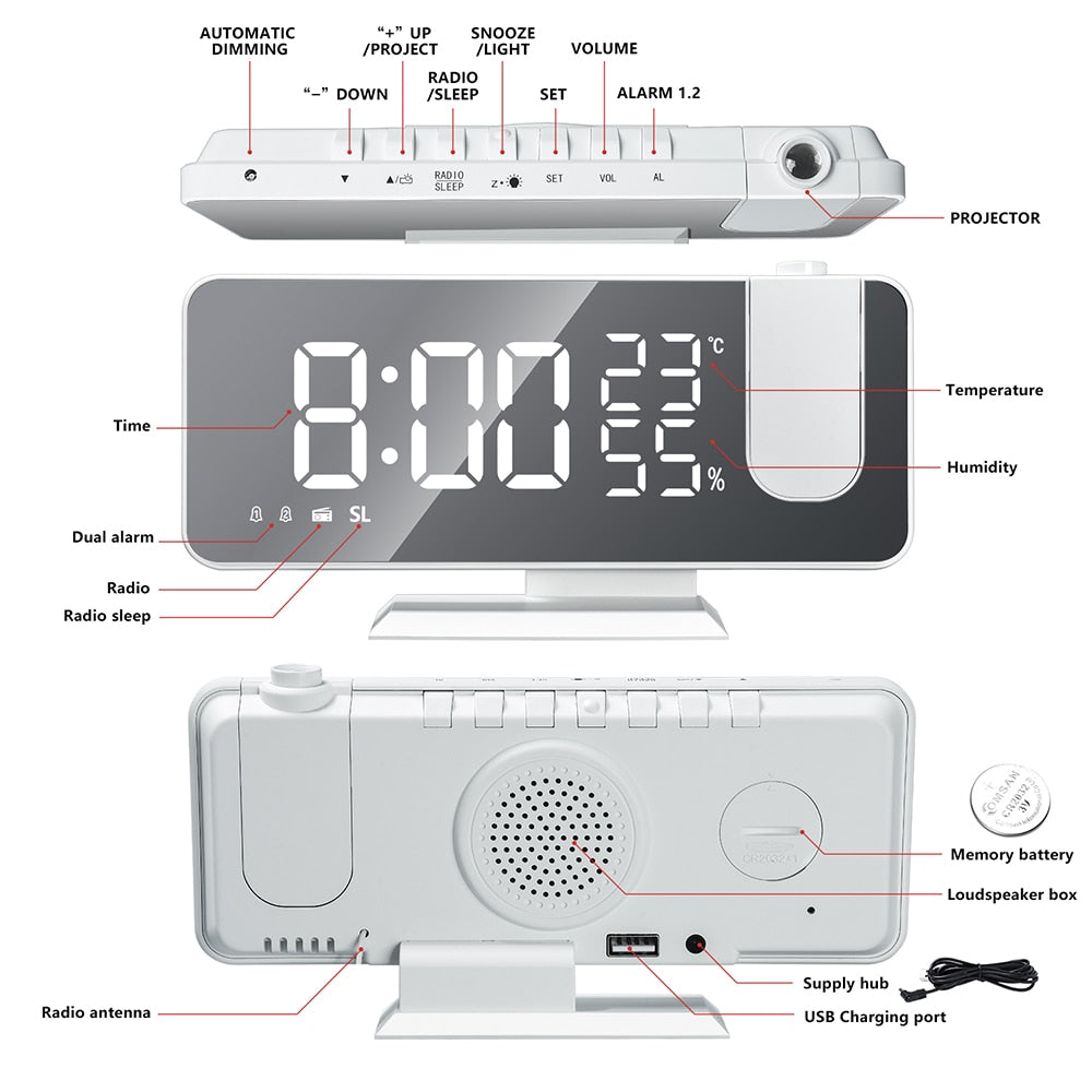 Zelara™ Astronatic™ | Der beste Wecker mit LED-Bildschirm – 180°-Projektor – USB-Ladegerät