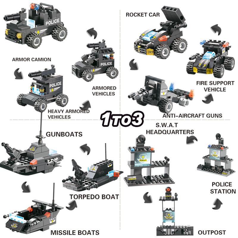 8 IN 1 Stadt Polizei Truck Station Baukasten Serie SWAT Spielzeug Geschenk Für Kinder