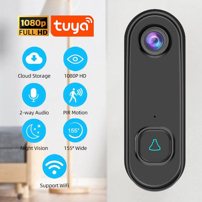 1080P HD Wireless Video-Türglocke mit Zwei-Wege-Audio, PIR-Bewegungserkennung, Nachtsicht, IP55 wetterfest, 2.4GHz WiFi, batteriebetrieben, Tuya-App-Steuerung - intelligente Türglocke Kamera