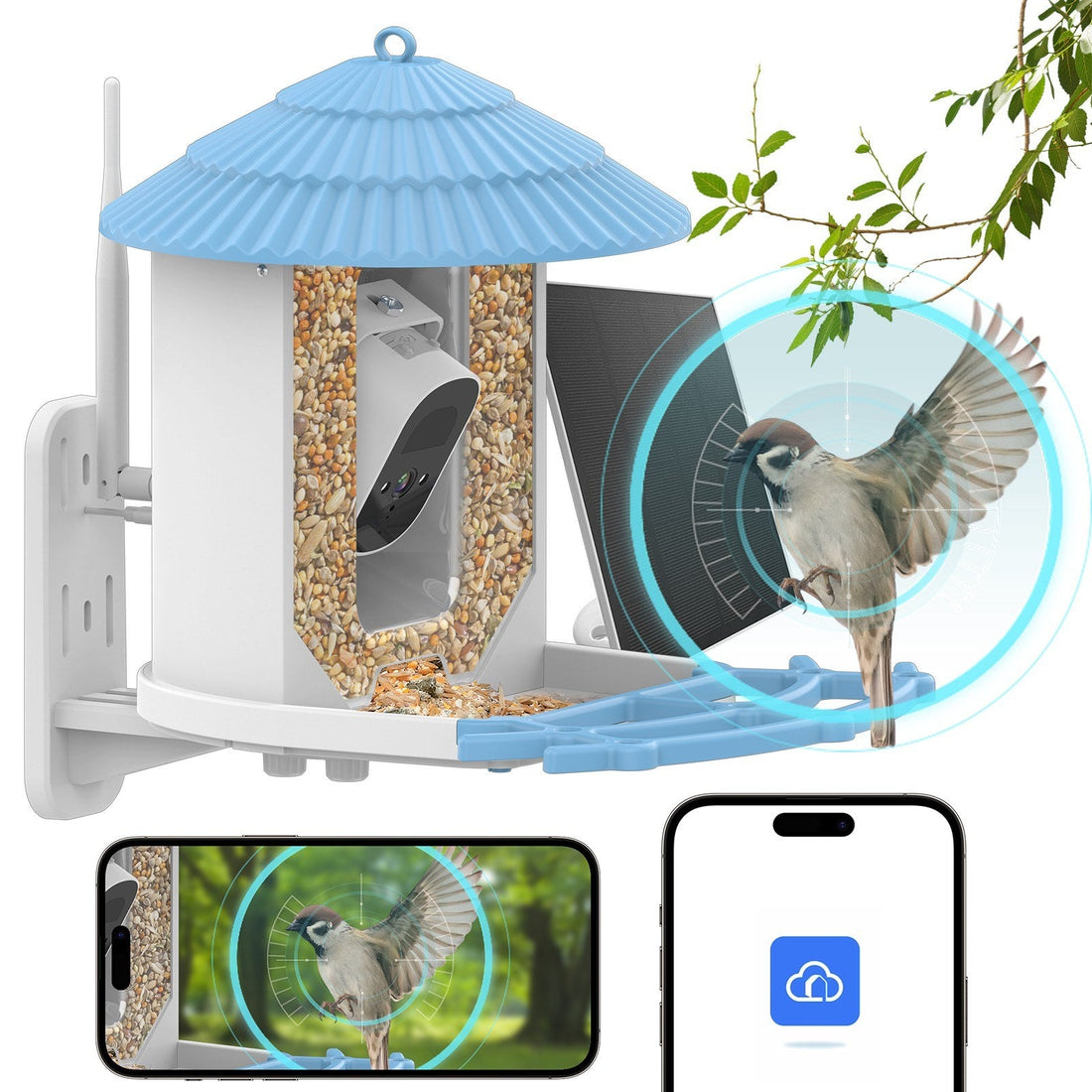 Solarbetriebener smarter Vogelfutterspender mit 4MP Kamera, KI-Vogelidentifikation, PIR-Bewegungserkennung, Zwei-Wege-Audio und App-Steuerung für die Vogelbeobachtung im Hinterhof