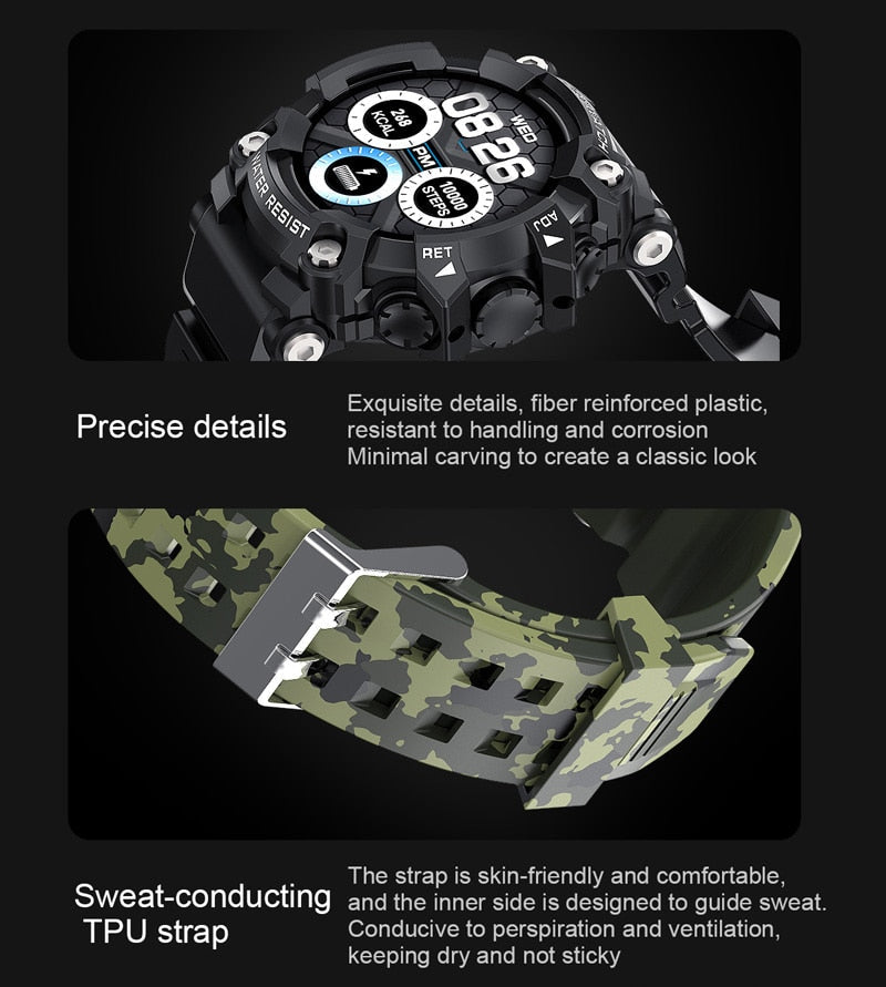 Zelara Multisport HD Großbild-Fitnesstracker im Camouflage-Stil Smart Watch für Android IOS