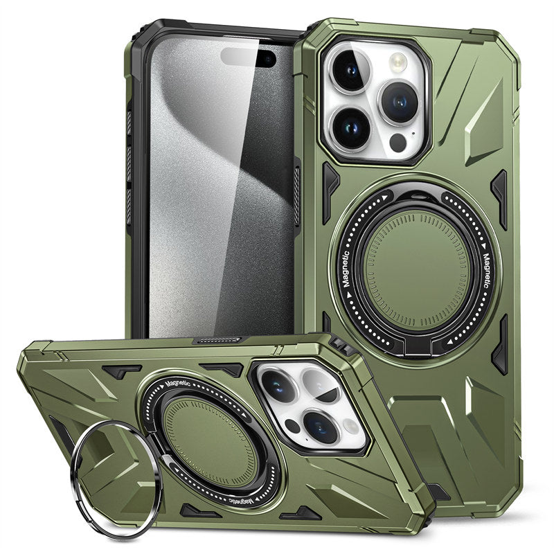 Hochwertige Militärpanzer-iPhone-Hülle mit 360-Grad drehbarem Ringständer Halterung | MagSafe Case mit Kameraschutzabdeckung für Apple iPhone 15/14/13/12 Pro Max Plus Cover | Magnetisches kabelloses Laden, harte PC-Panzertasche, stoßfeste Handyhülle