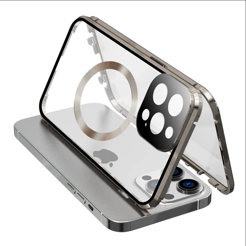 Hochwertige iPhone Hülle mit 360° Vollversiegeltem Schutz aus Glas und Metall | MagSafe-kompatible Schutzhülle mit Rundumschutz und Kameralinsenschutz für Apple iPhone 15/14/13/12 Pro Max, Plus, Mini Cover | Panzertasche und Stoßstangenabdeckung