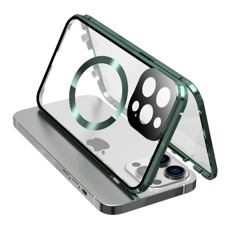 Hochwertige iPhone Hülle mit 360° Vollversiegeltem Schutz aus Glas und Metall | MagSafe-kompatible Schutzhülle mit Rundumschutz und Kameralinsenschutz für Apple iPhone 15/14/13/12 Pro Max, Plus, Mini Cover | Panzertasche und Stoßstangenabdeckung