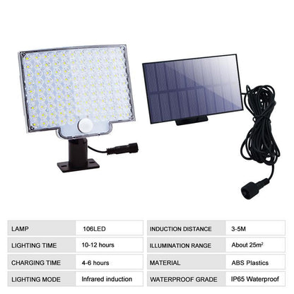 Solarleuchte Außen 106 LED mit Bewegungssensor, 3000 lm, IP65, 4 Modi, 5 m Kabel, USB-Ladung