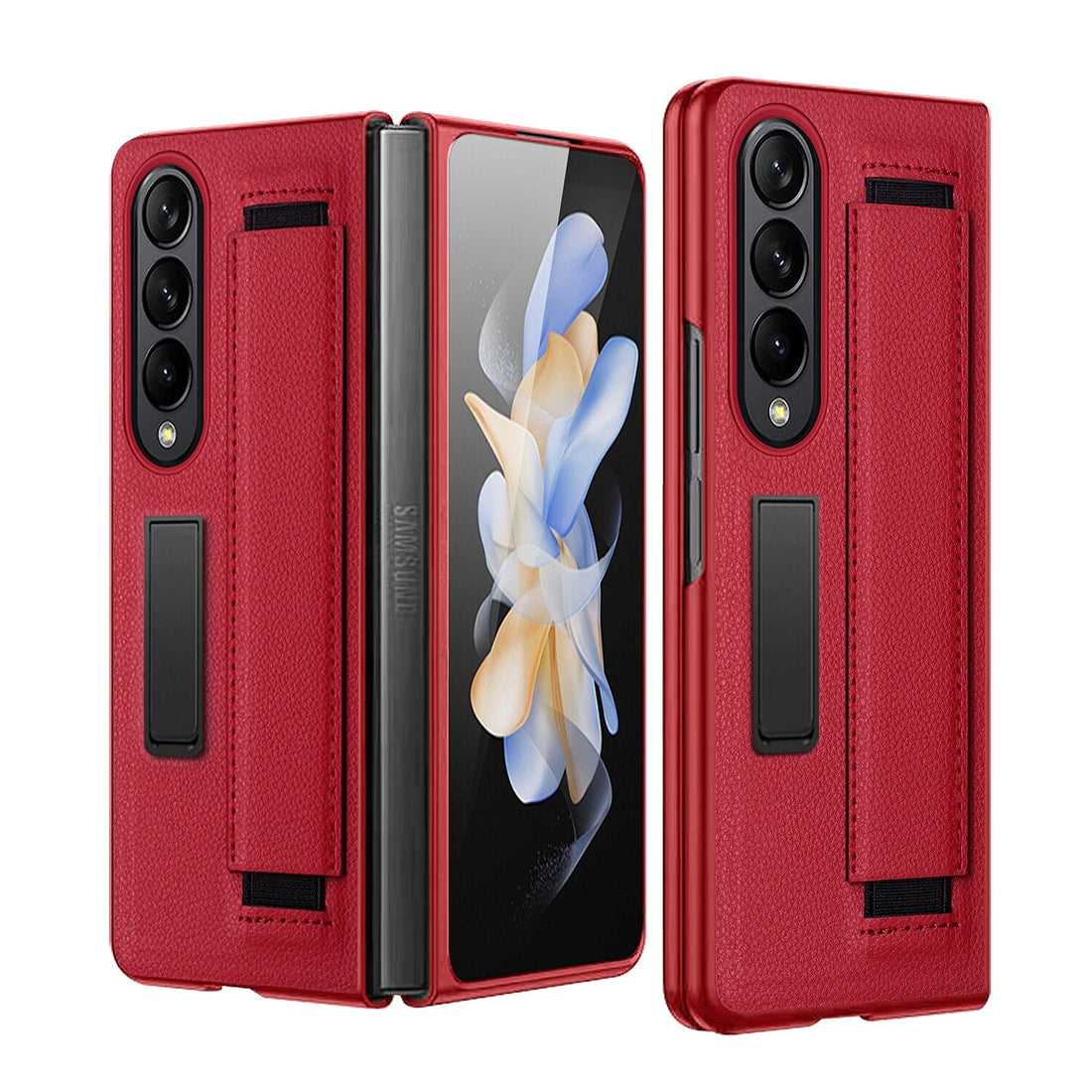 Luxuriöse Leder-Hart-PC-Telefonhülle mit Armband, Glasfolie und Ständer für Samsung Galaxy Z Fold 4