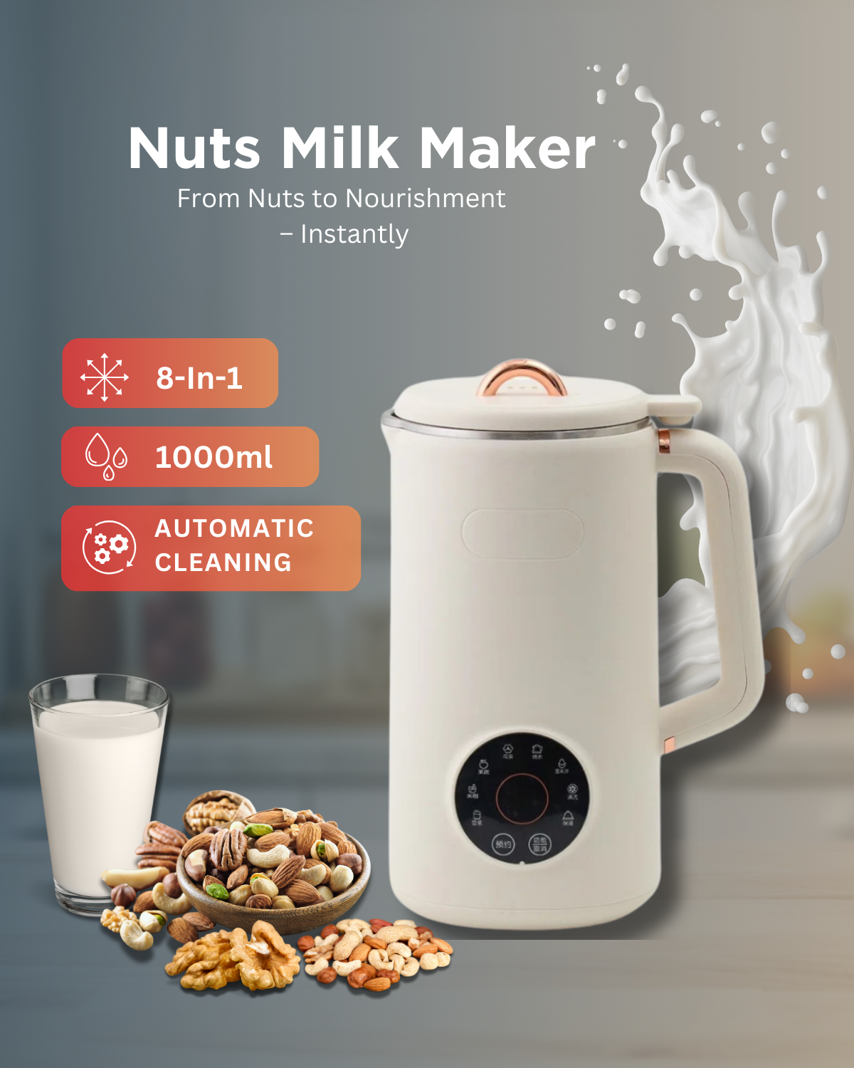 Nussmilchmaschine für Mandel-, Cashew- und Hafermilch - Einfach zu bedienen, BPA-frei und kompakt für die Hausküche