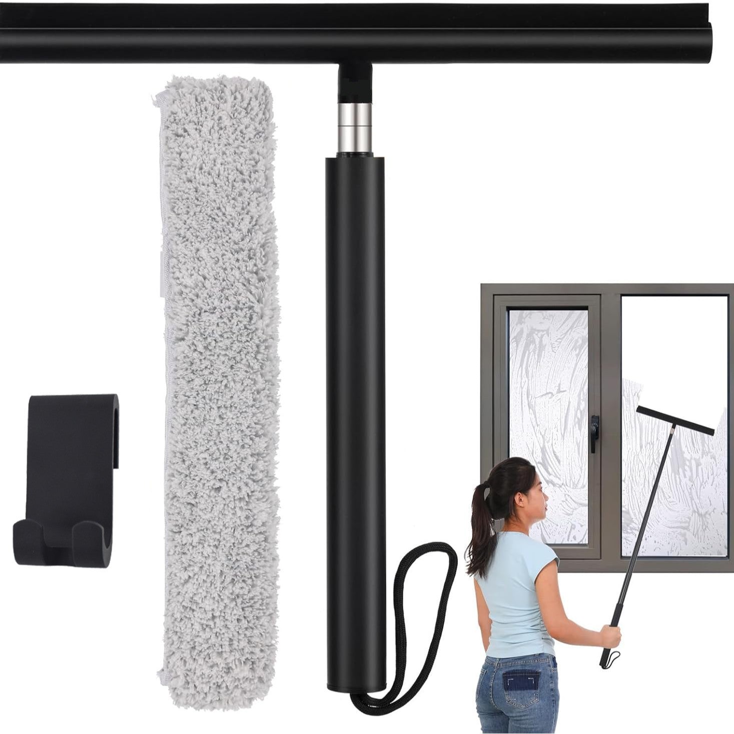 Rakel mit langem Stiel und Schrubber für Glas und Fenster