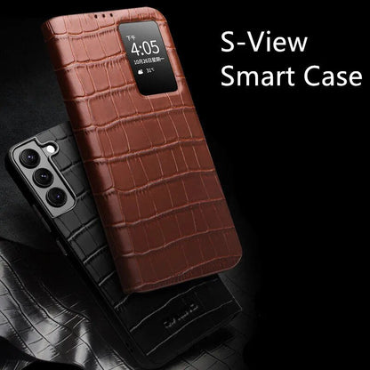 Echtes Leder S View Krokodil Textur Fenster Display Smart Flip Case für Samsung Galaxy S22