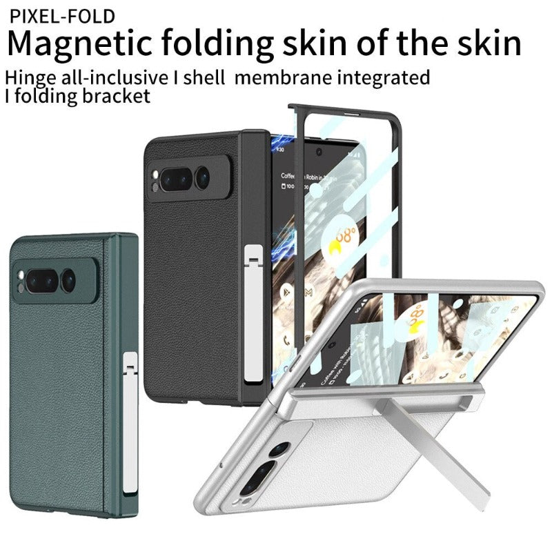 Schlichte Magnet-Telefonhülle aus Leder mit Metallhalterung für Google Pixel Fold