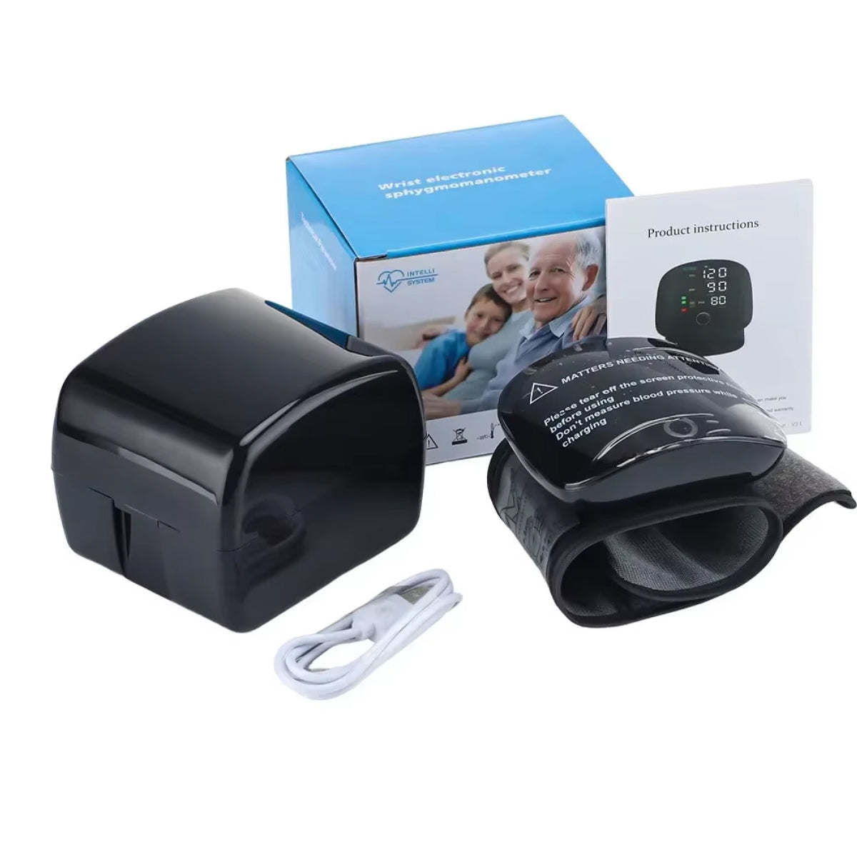 Tragbares Blutdruckmessgerät für das Handgelenk – Kompaktes USB-wiederaufladbares Messgerät mit Herzfrequenzüberwachung für unterwegs und zu Hause