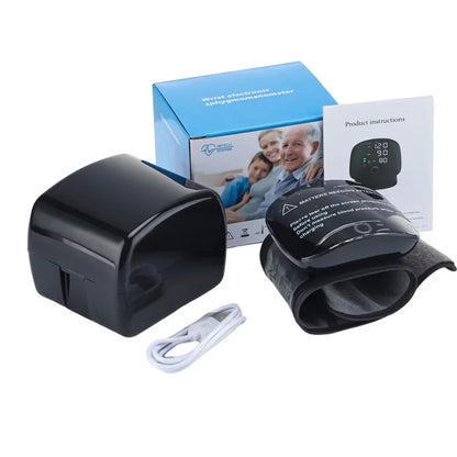 Tragbares Blutdruckmessgerät für das Handgelenk – Kompaktes USB-wiederaufladbares Messgerät mit Herzfrequenzüberwachung für unterwegs und zu Hause