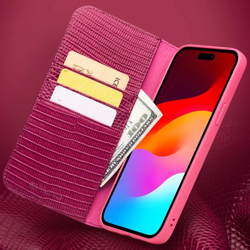 Luxus Frauen Echtes Leder Flip-Phone-Hülle Mit Kartensteckplatz Für iPhone
