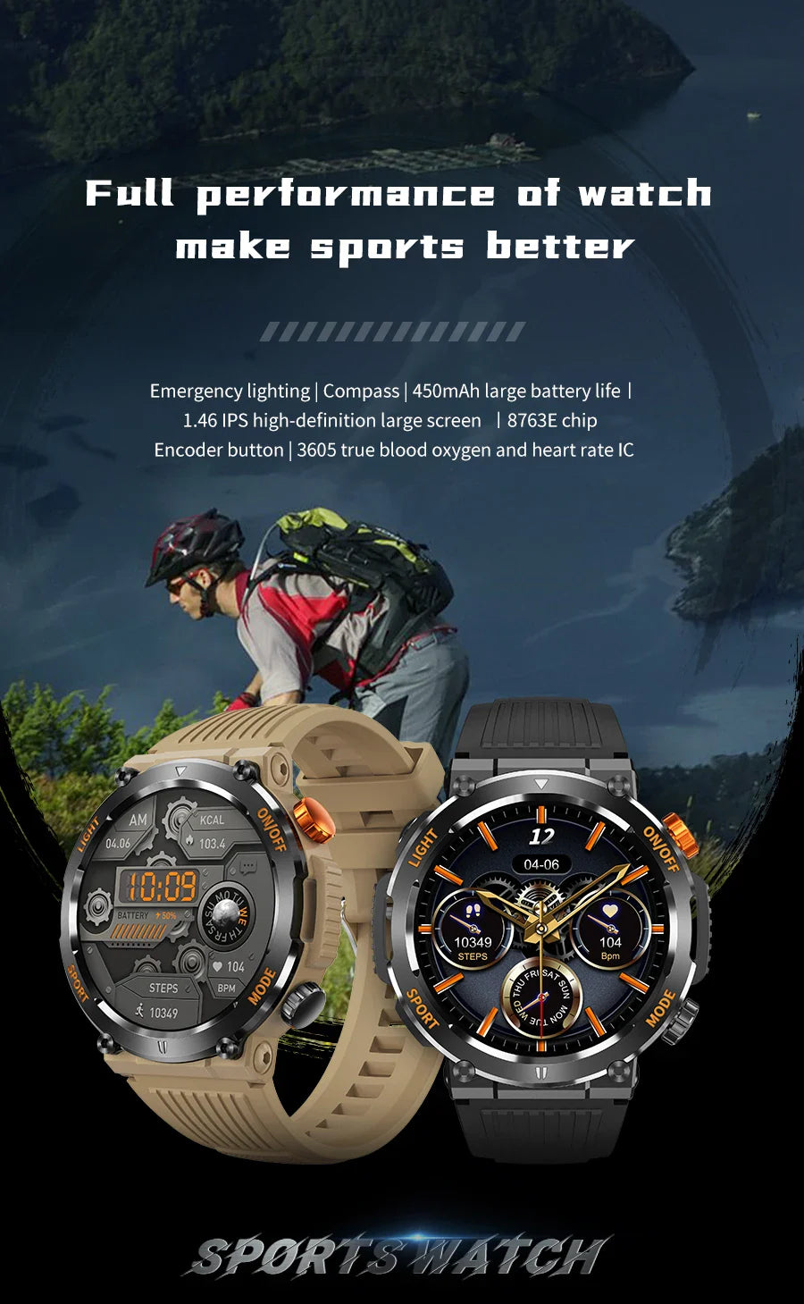 Zelara Outdoor HD Touchscreen Sports Fitness Tracker Smart Watch Mit Kompass &amp; Taschenlampe