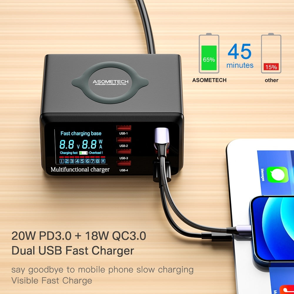 110W 8-Port USB Typ-C Ladestation Kabellose Schnell Ladegerät Digitalem Bildschirm | Wireless Charging Station iPhone, Samsung, Android, Handy, Tablet