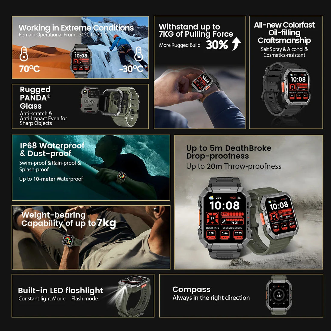 Zelara 2,01-Zoll-HD-Display, robuster Outdoor-Smartwatch-Fitness-Tracker mit Notbeleuchtung