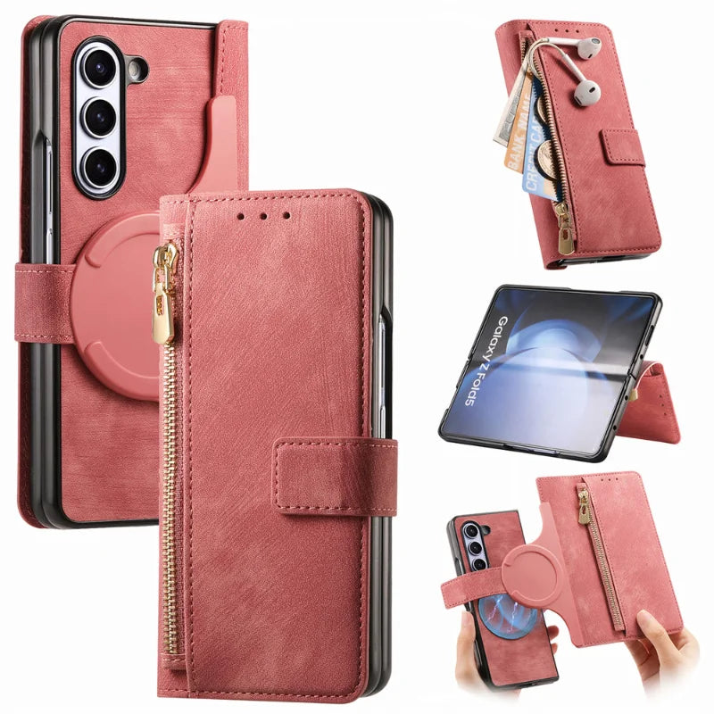 Zelara Multifunktionale Magnetische Leder Wallet Case Mit Reißverschluss Flip Stand Für Samsung Galaxy Z Fold 6 5 Serien