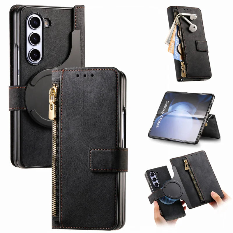 Zelara Multifunktionale Magnetische Leder Wallet Case Mit Reißverschluss Flip Stand Für Samsung Galaxy Z Fold 6 5 Serien