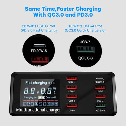 110W 8-Port USB Typ-C Ladestation Kabellose Schnell Ladegerät Digitalem Bildschirm | Wireless Charging Station iPhone, Samsung, Android, Handy, Tablet