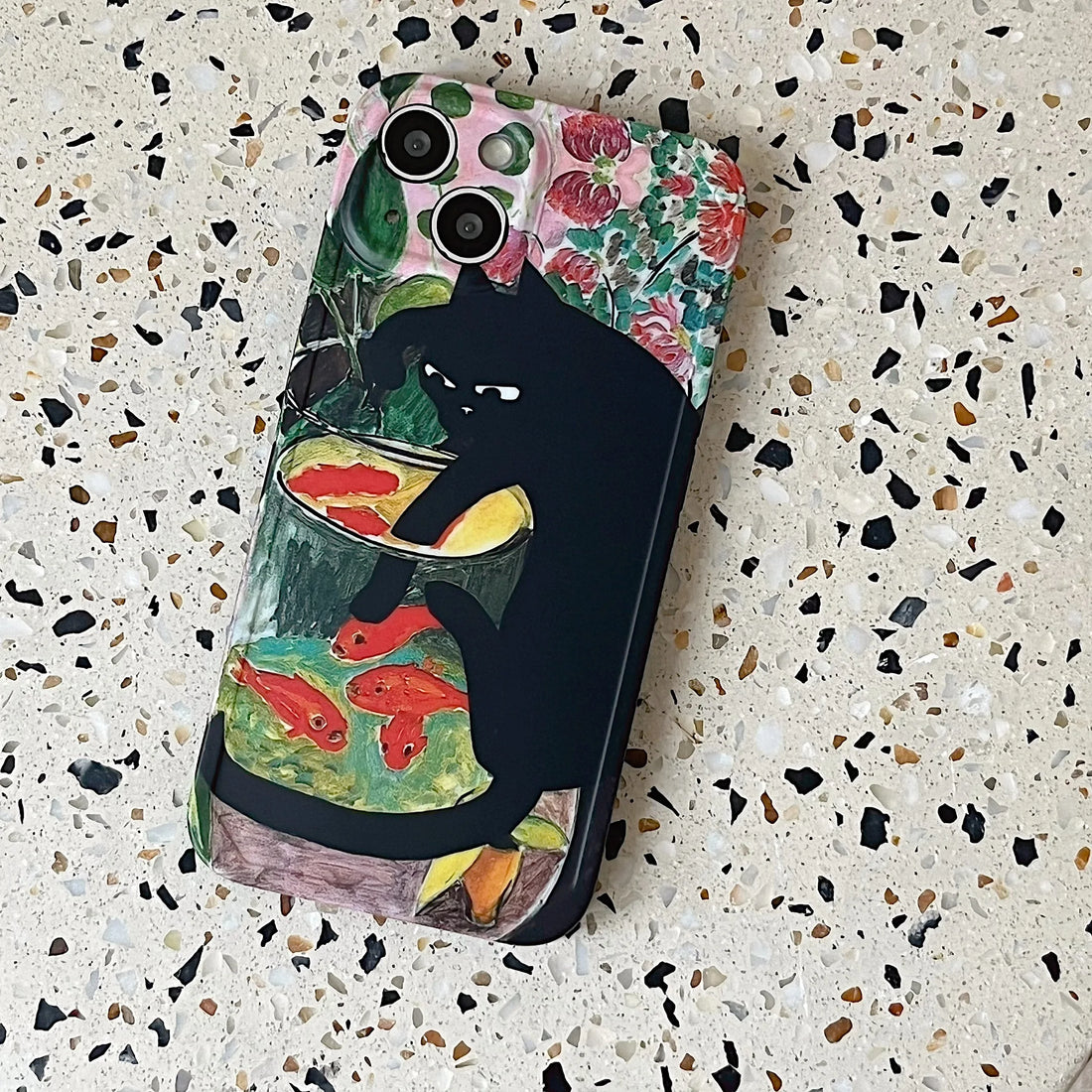 Vintage Ölmalerei Schwarze Katze &amp; Fischschüssel Hübsche Hülle für iPhone Rückenschutzhülle