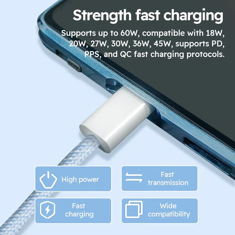 60W USB Typ C zu Typ C Nylon Geflochtenes Lade-Datenkabel