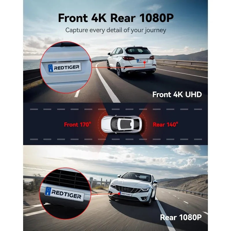 4K Dash Cam Front &amp; Rear, UHD 2160P, WiFi GPS, 64GB Karte