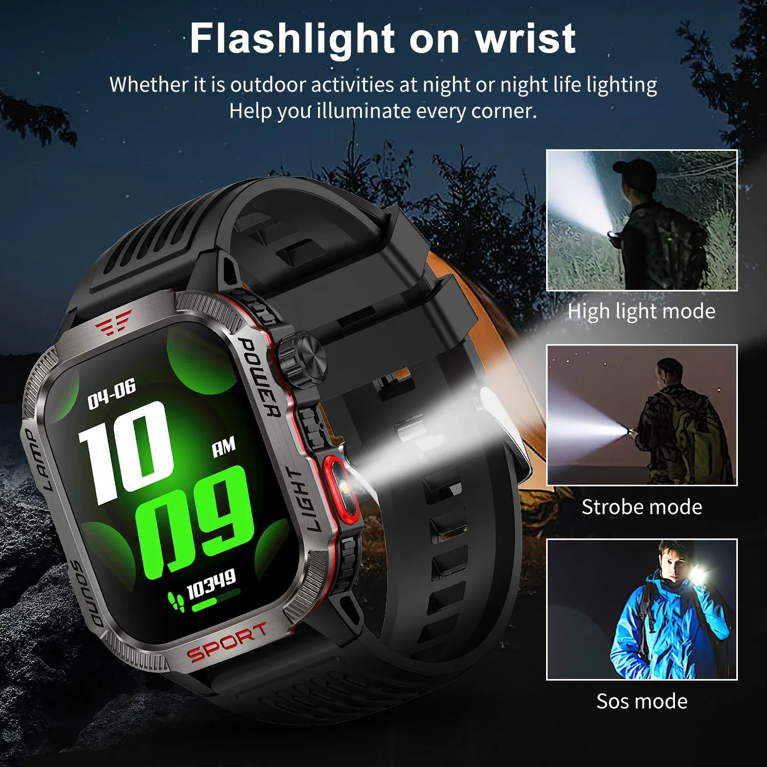 Zelara Rugged Outdoor Multisport Fitness Tracker Smart Watch mit LED Taschenlampe Kompass