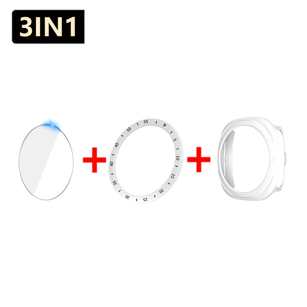 3-in-1 Schutzset für Samsung Galaxy Watch 7 Ultra 47mm - Gehärteter Glasbildschirm-Schutz, Harter PC-Case, Lünette-Ringabdeckung