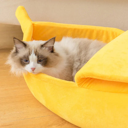Katzenbett in Bananenform – Weiches Kuschelnest für Geborgenheit &amp; besseren Schlaf