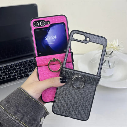Diamond Grid Leder Samsung Z Flip Ring Halter Case