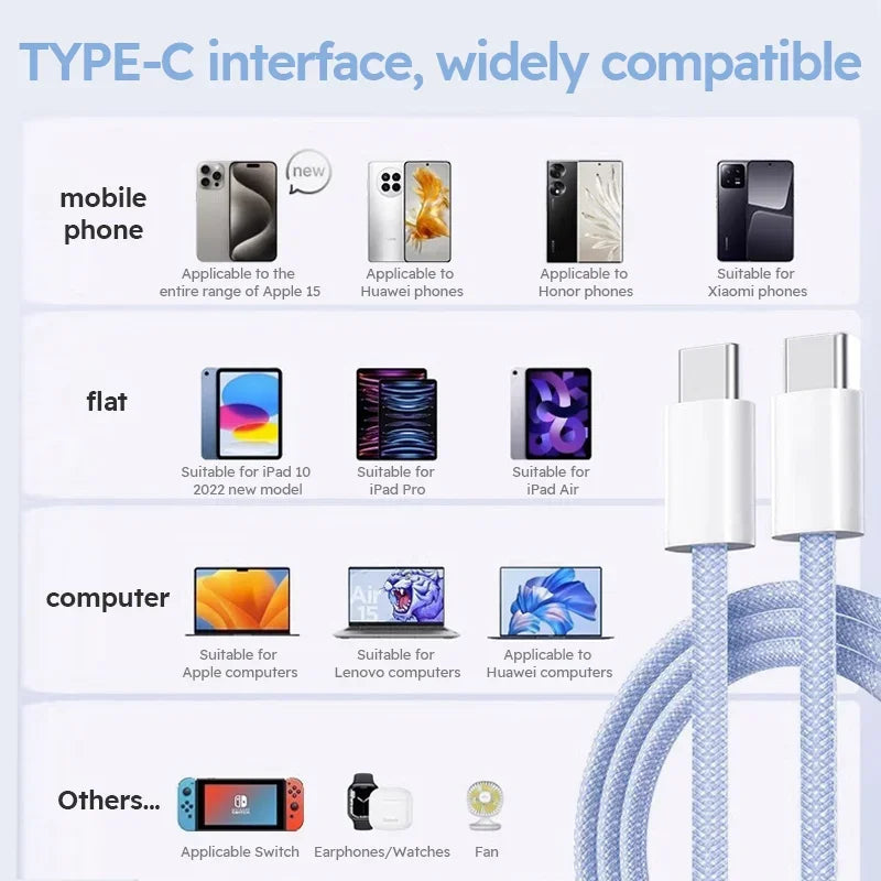 60W USB Typ C zu Typ C Nylon Geflochtenes Lade-Datenkabel
