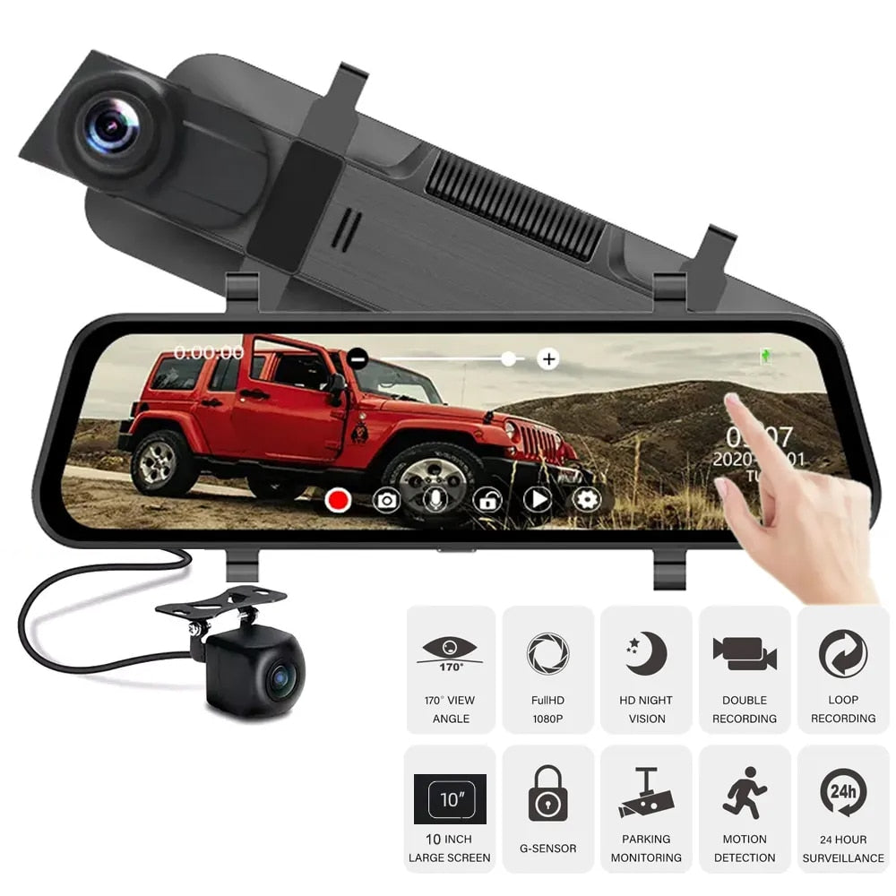 Zelara 10&quot; Touchscreen Dual-Lens Rückspiegel-Dashcam mit 24-Stunden-Überwachungsschleifenaufzeichnung