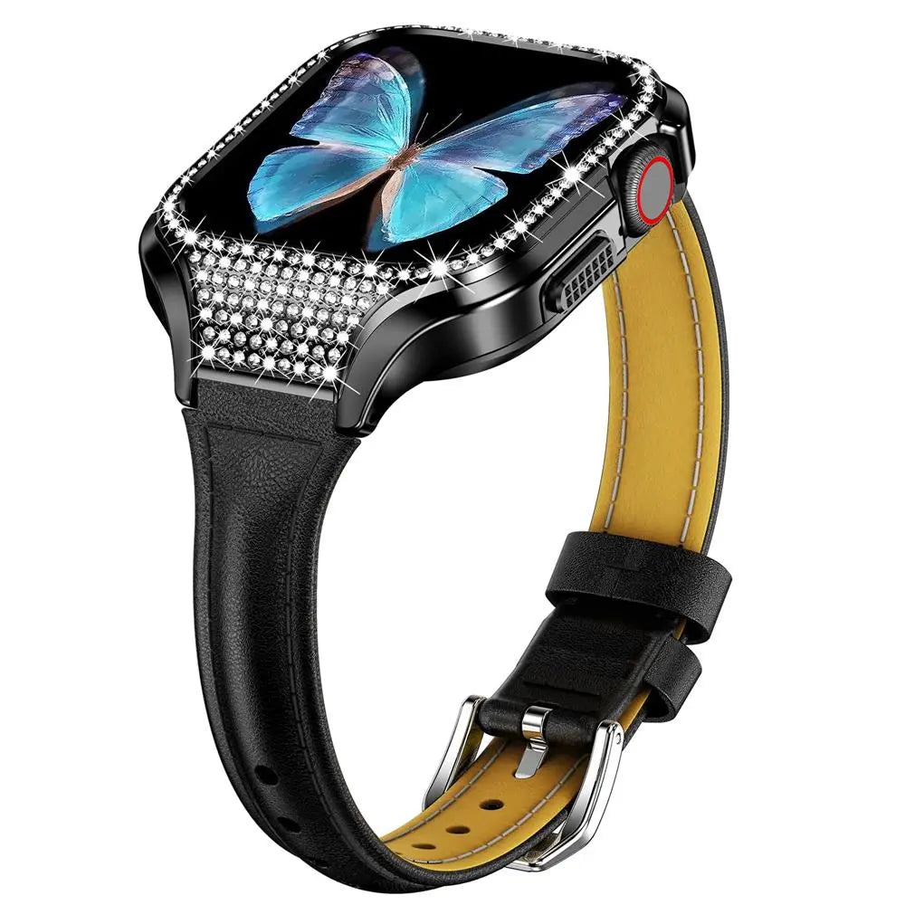 Diamond Luxe-Stahlgehäuse und Lederarmband für die Apple Watch