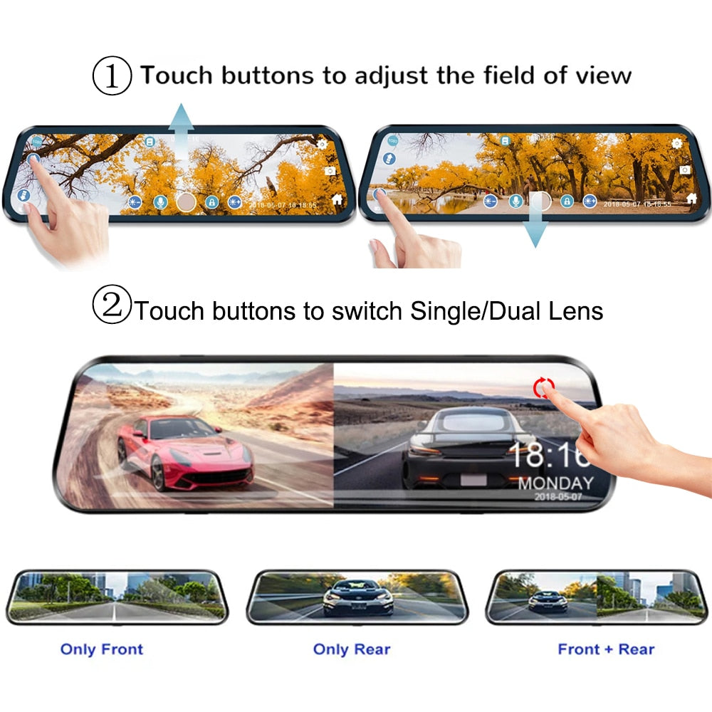 Zelara 10&quot; Touchscreen Dual-Lens Rückspiegel-Dashcam mit 24-Stunden-Überwachungsschleifenaufzeichnung