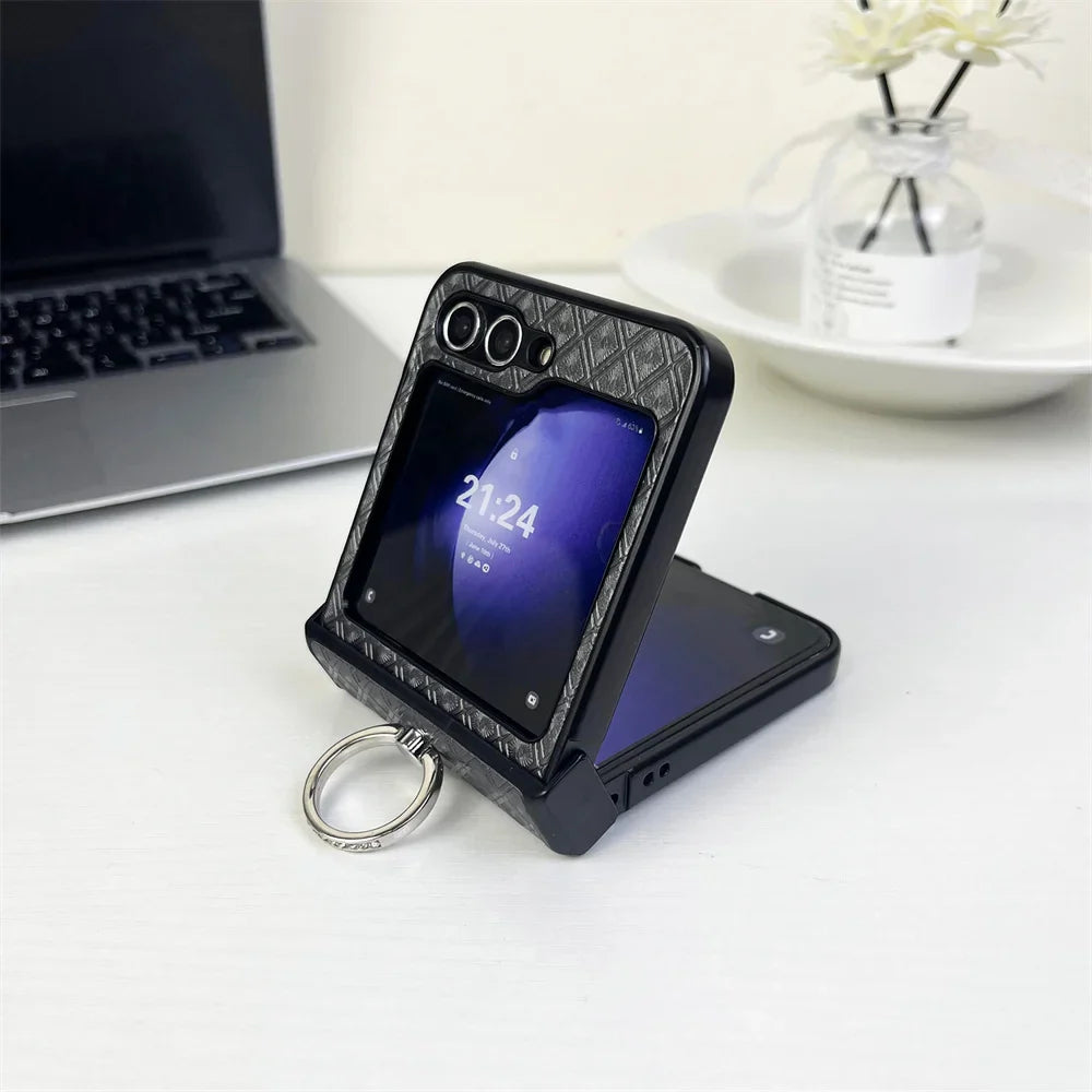 Diamond Grid Leder Samsung Z Flip Ring Halter Case