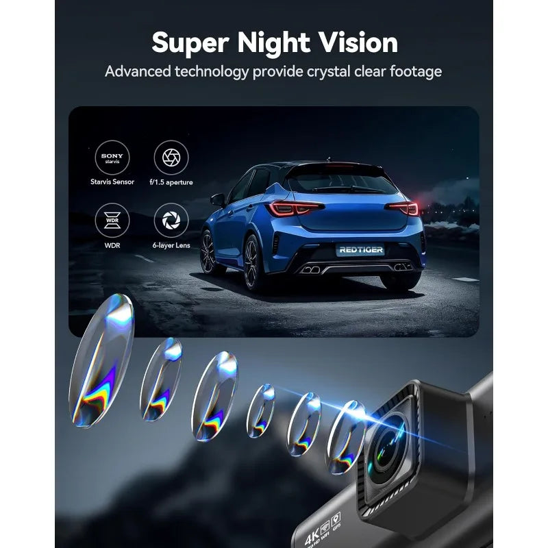 4K Dash Cam Front &amp; Rear, UHD 2160P, WiFi GPS, 64GB Karte