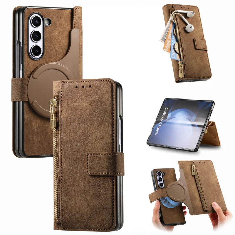 Zelara Multifunktionale Magnetische Leder Wallet Case Mit Reißverschluss Flip Stand Für Samsung Galaxy Z Fold 6 5 Serien