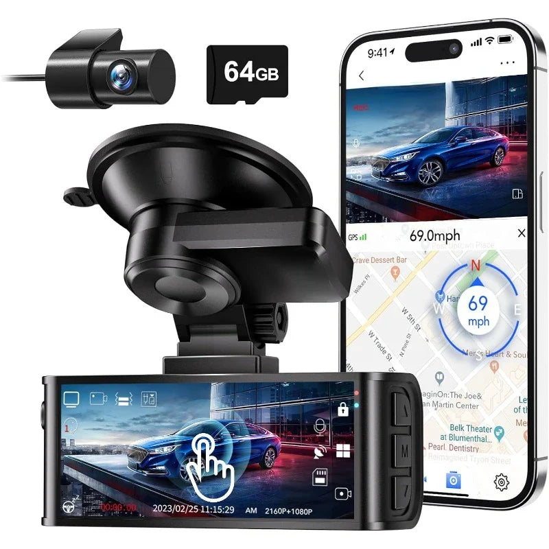 4K Dash Cam Front &amp; Rear, UHD 2160P, WiFi GPS, 64GB Karte